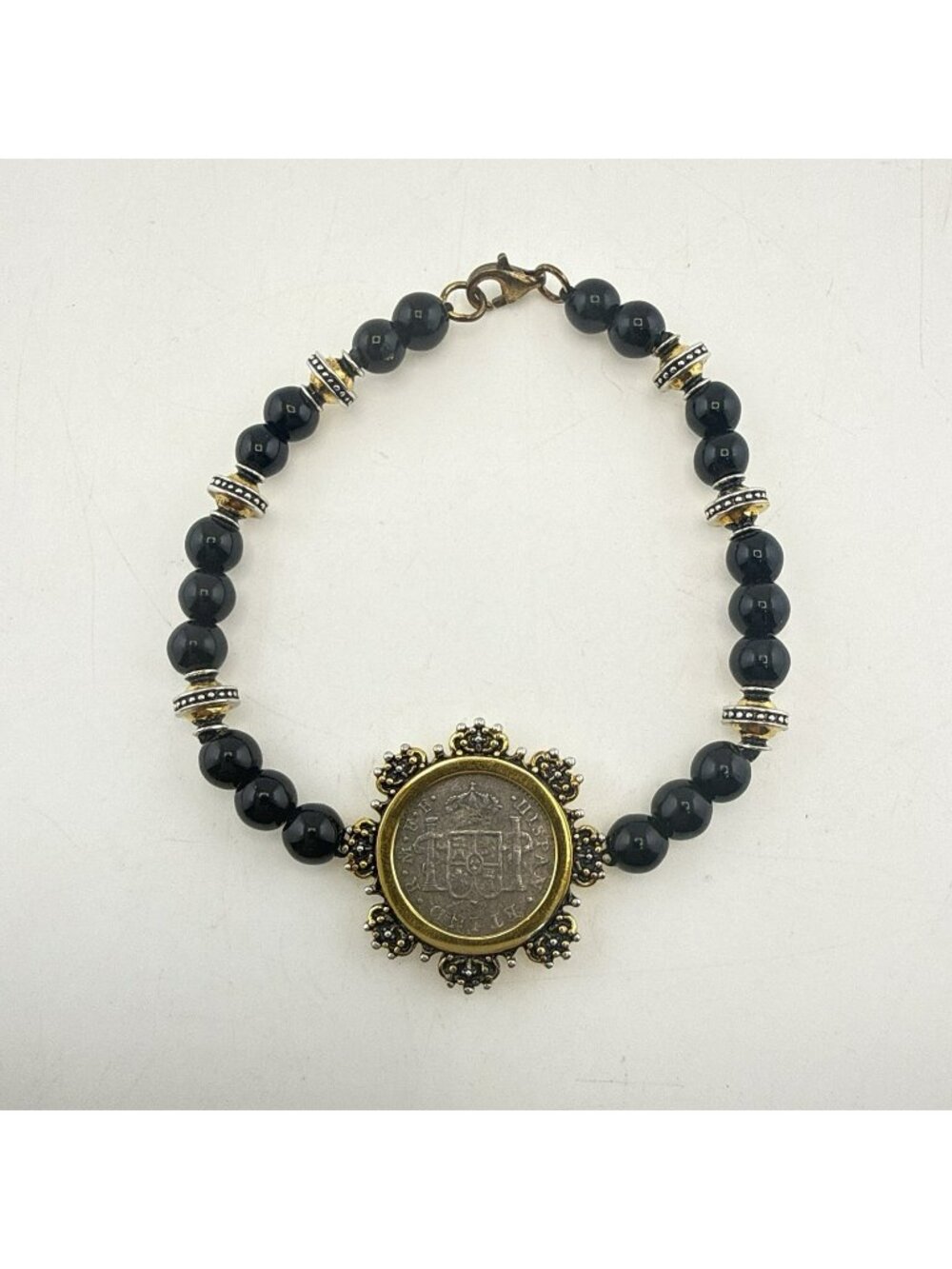 Shipwreck Coin Bracelet Sterling 925 Onyx El Cazador Replica Cob Gold Vermeil